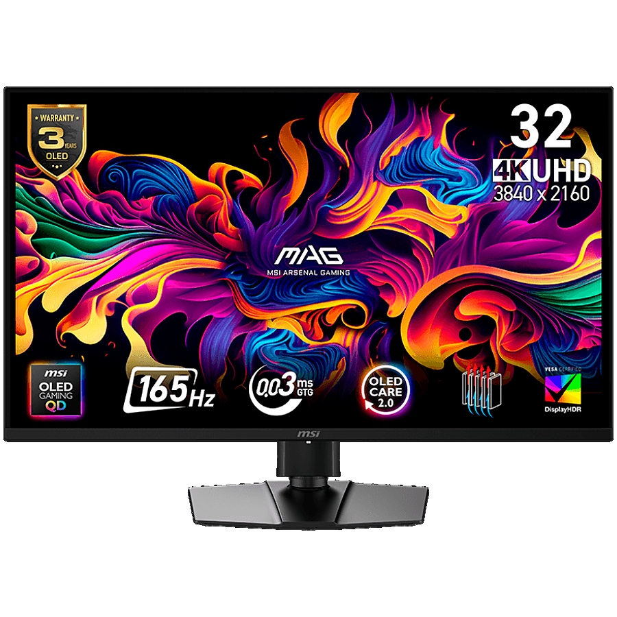 MSI MAG 322UP QD-OLED E16 Gaming Monitor, 31.5" 165Hz, UHD (3840x2160) 16:9, QD-OLED Anti-Reflection, 0.03ms, 250nits, 1500000:1, 178/178, G-SYNC Compatible, DisplayHDR True Black 400, Adjustable Stand, 1x DP, 2x HDMI, 1xType-C, 1xHeadphone out, 3Y