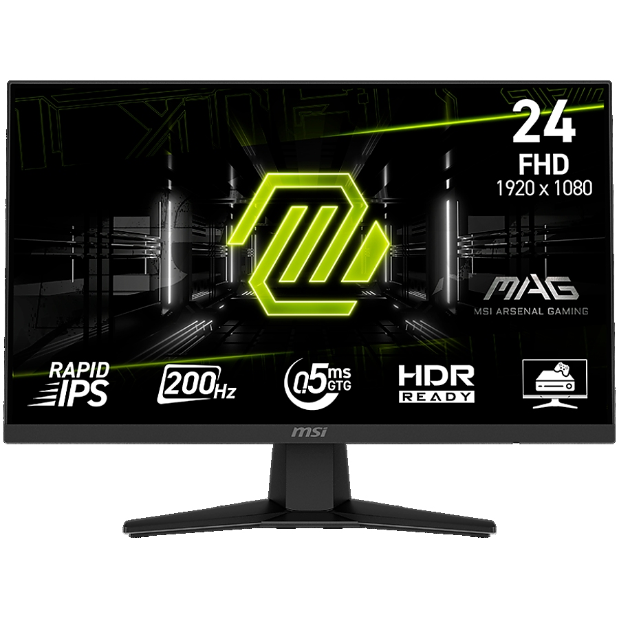 MSI MAG 244F Gaming Monitor, 23.8" 200Hz, FHD (1920x1080) 16:9, Rapid IPS Anti-glare, 0.5ms, 300nits, 1000:1, 178/178, AMD FreeSync Premium, Tilt, 1x DP, 1x HDMI, 1x Headphone-out, 3Y Warranty