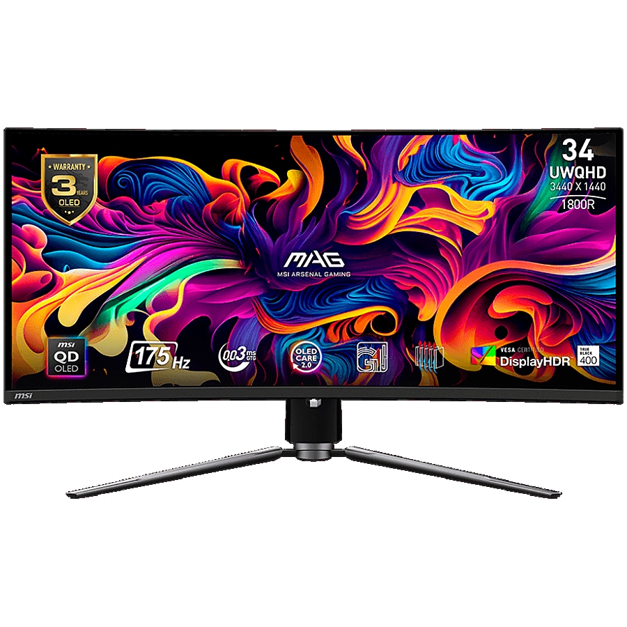 MSI MAG 341CQP QD-OLED Curved Gaming Monitor, 34" 175Hz, UWQHD (3440x1440) 21:9, QD-OLED, 1800R, 0.03ms, 250nits, 1500000:1, 178/178, AMD FreeSync Premium Pro, Adjustable Stand, 1x DP, 2x HDMI, 1x Type-C, 1x Headphone out, USB Hub, 3Y
