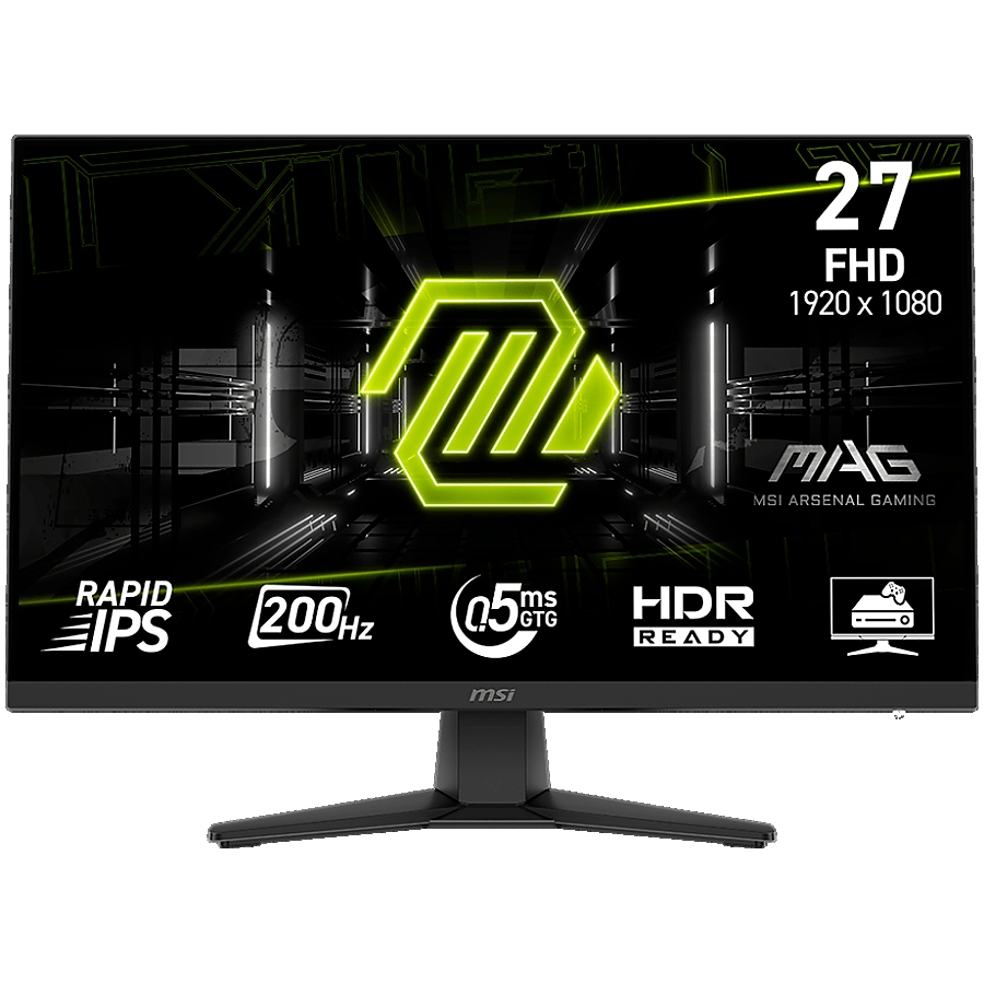 MSI MAG 272F Gaming Monitor, 27" 200Hz, FHD (1920x1080) 16:9, Rapid IPS, 0.5ms, 300nits, 1000:1, 178/178, AMD FreeSync Premium, Tilt, 1x DP, 2x HDMI, 1x Headphone-ou, 3Y Warranty