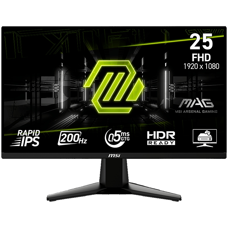 MSI MAG 255F E20, Gaming Monitor, 24.5" 200Hz, FHD (1920x1080) 16:9, Rapid IPS Anti-glare, 0.5ms, 300nits, 1000:1, 178/178, AMD FreeSync Premium, Tilt, 1x DP, 2x HDMI, 1x Headphone-out, 3Y Warranty