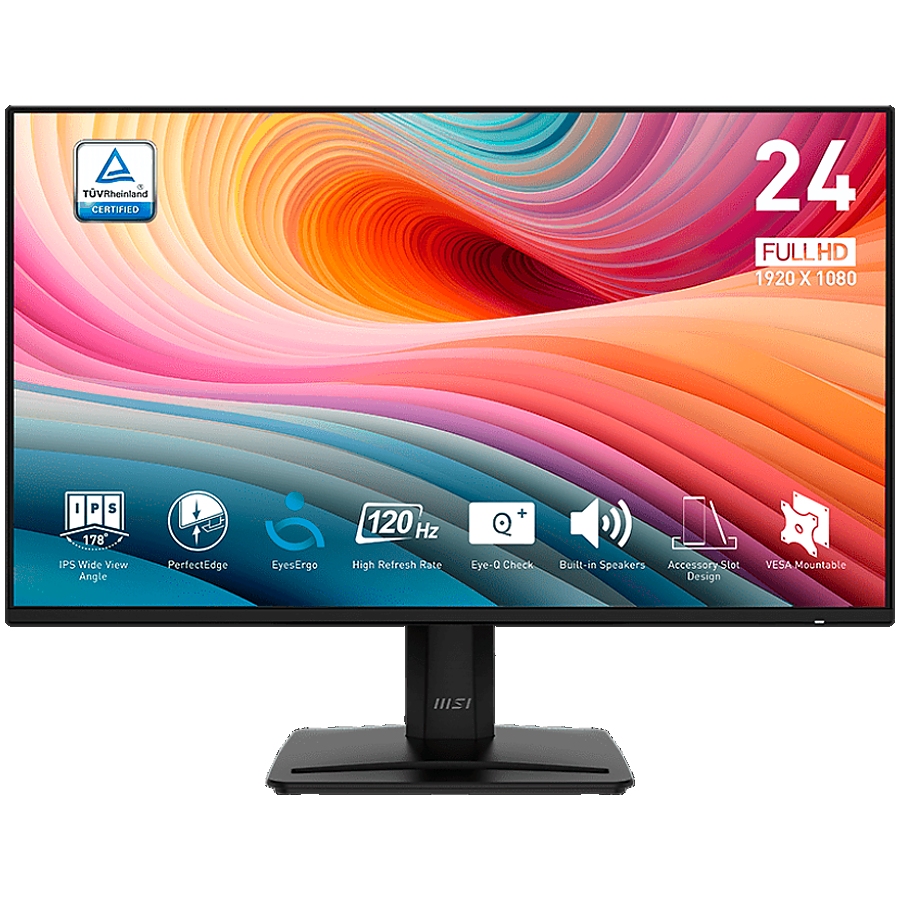 MSI PRO MP242A E2 Professional Business Monitor, 23.8" 120Hz, FHD (1920x1080) 16:9, IPS Anti-glare, 1ms/4ms, 300nits, 1500:1, 178/178, Adaptive-Sync, Tilt, Speakers, 1x D-Sub(VGA), 1x HDMI, 1x DP, 1x Headphone-out, 3Y Warranty