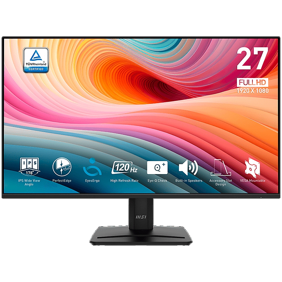 MSI PRO MP275 E2 Professional Business Monitor, 27" 120Hz, FHD (1920x1080) 16:9, IPS Anti-glare, 1ms/4ms, 300nits, 1500:1, 178/178, Adaptive-Sync, HDR Ready, Tilt, Speakers, 1x DP, 1x HDMI, 1x D-Sub, 3Y Warranty