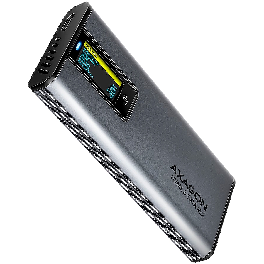 AXAGON EEM2-SD2 USB-C 3.2 Gen 2 - M.2 NVMe / SATA SSD 30-80mm ALU box grey, LCD display