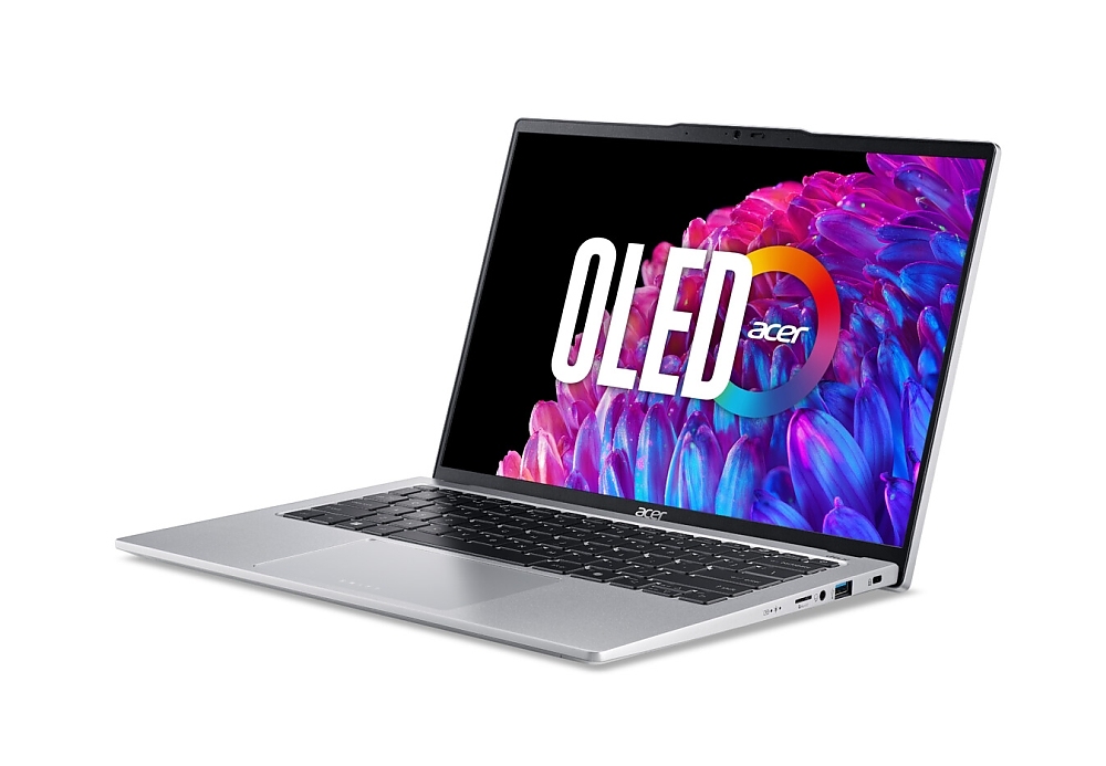 Acer Swift Go14, SFG14-73-56V2, Intel Core Ultra 5 125U (up to 4.3GHz, 12MB), 14" 3K (2880x1800) Cine Crystal OLED WQ2.8K 90Hz, 16GB DDR5(on bord) no slot, 1024GB, Intel Graphics, QHD Webcam, FPR, KB backlight, Wi-Fi 6E, BT 5.3, Win 11 Home, Pure Silver