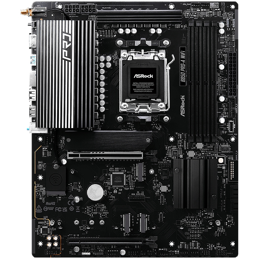 ASROCK Main board AMD B850 AM5, PCIe 5x16, 4x DDR5, 4x M.2, 2x SATA3 6Gb/s, 2.5Gb LAN, 802.11axe, 7.1 Ch audio, ATX