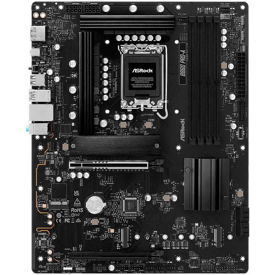ASROCK MB Desktop B860 PRO-A, S.1851, 4x DDR5, 1x PCIe 5.0 x16, 1x PCIe 4.0 x4, 1x Blazing M.2, 2x Hyper M.2, 4x SATA3, 2x USB-C, 8x USB 3.2, 6x USB 2.0, 1x HDMI, 1x DP, 1x RJ-45 2.5 GB Lan, ATX, 90-MXBRN0-A0UAYZ