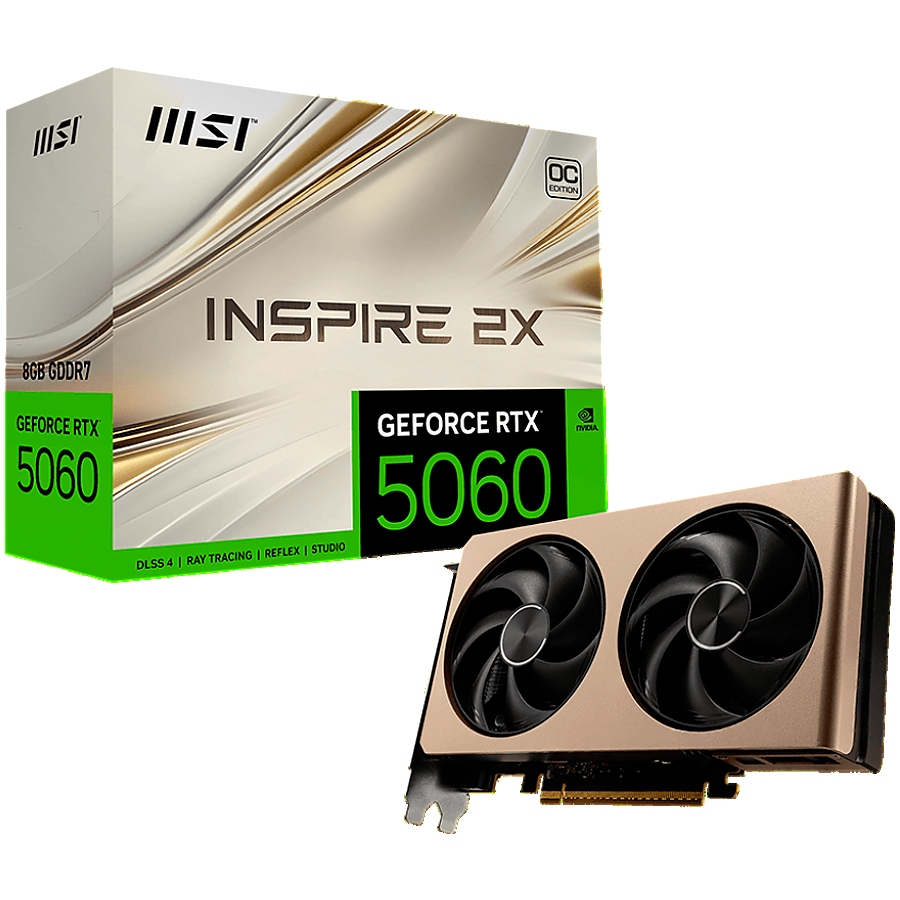MSI Video Card NVIDIA GeForce RTX 5060 8G INSPIRE 2X OC, 8GB GDDR7, 128-bit, 2535 MHz Boost, 3840 CUDA Cores, PCIe 5.0 (x8), 3x DP 2.1b, HDMI 2.1b, RAY TRACING, Dual Fan, 145W TDP, 8-pin PCIe Power, G-SYNC, 2-Slot, 3Y
