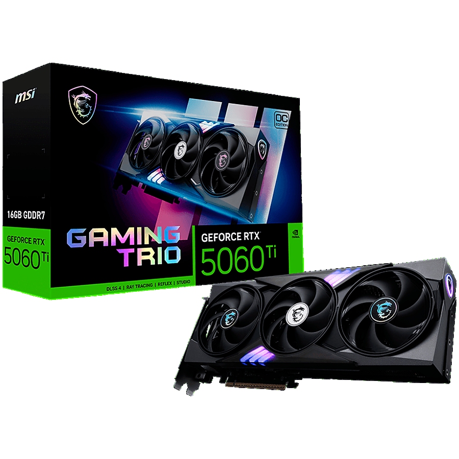 MSI Video Card NVIDIA GeForce RTX 5060 Ti 16G GAMING TRIO OC, 16GB GDDR7, 128-bit, 2662 MHz Boost, 4608 CUDA Cores, PCIe 5.0 (x8), 3x DP 2.1b, HDMI 2.1b, RAY TRACING, Triple Fan, 180W TDP, 16-pin PCIe 5.0 (12V-2x6), G-SYNC, 2.25-Slot, 3Y