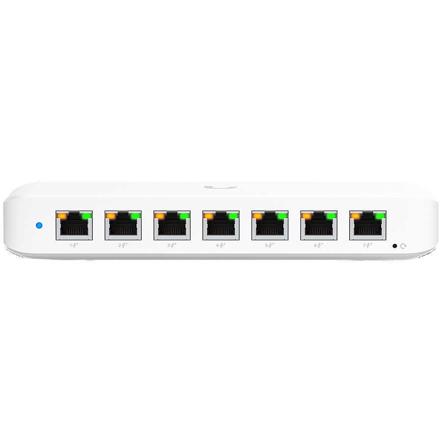 Ubiquiti USW-Ultra-210W-EU compact, Layer 2, 8-port GbE PoE switch with versatile mounting options, 7x GbE PoE+ output ports, GbE port with optional PoE++ input, 202W PoE availability with the included AC power adapter