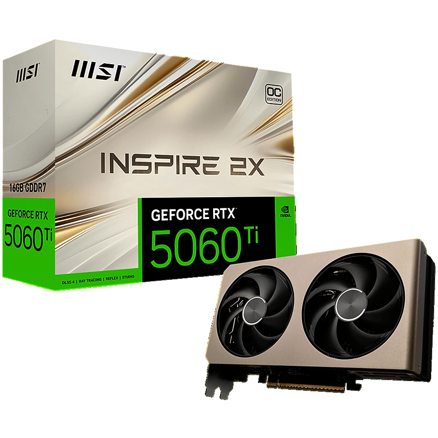 MSI Video Card NVIDIA GeForce RTX 5060 Ti 16G INSPIRE 2X OC, 16GB GDDR7, 128-bit, 2617 MHz Boost, 4608 CUDA Cores, PCIe 5.0 (x8), 3x DP 2.1b, HDMI 2.1b, RAY TRACING, Dual Fan, 180W TDP, 8-pin PCIe Power, G-SYNC, 2-Slot, 3Y
