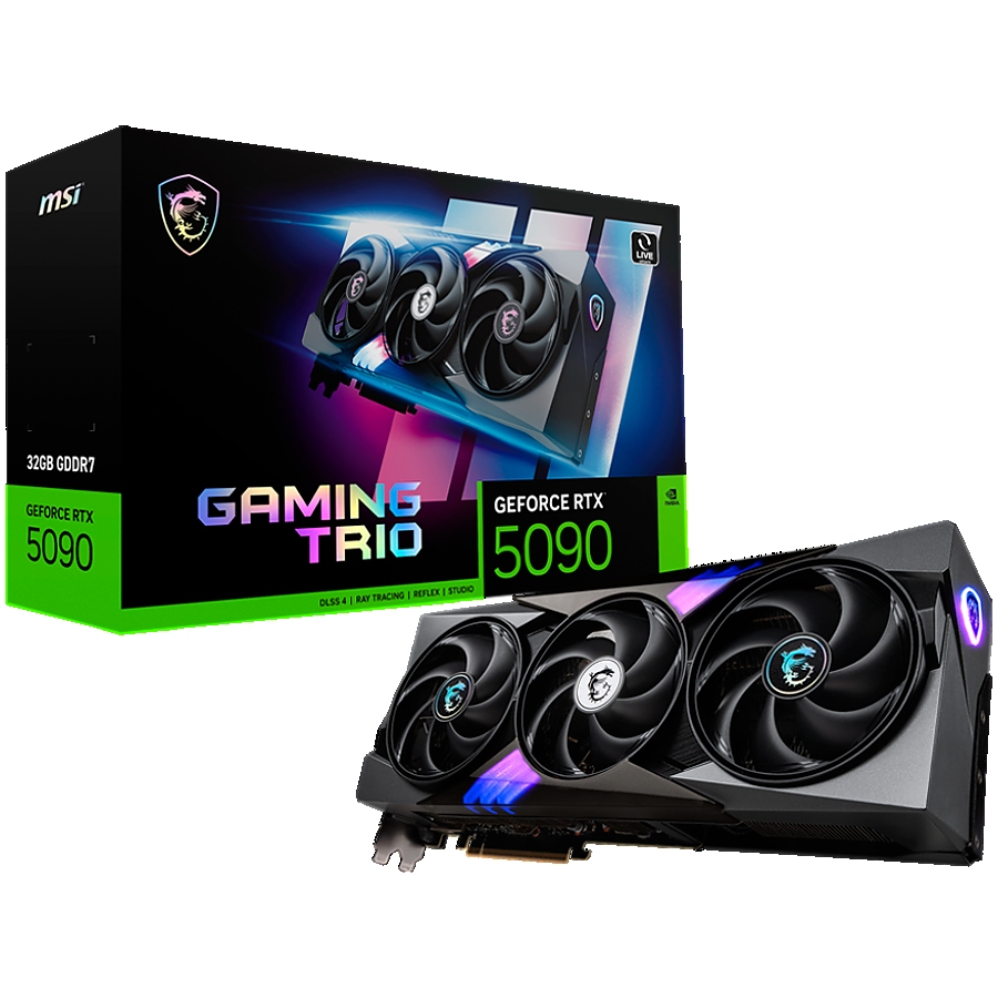 MSI Video Card Nvidia GeForce RTX 5090 32G GAMING TRIO, 32GB GDDR7, 512bit, Effective Memory Clock: 28000MHz, Boost: 2482 MHz, 21760 CUDA Cores, PCIe 5.0, 3x DP 2.1b, HDMI 2.1b, RAY TRACING, Triple Fan, 1x16pin, 1000W Recommended PSU, 3Y