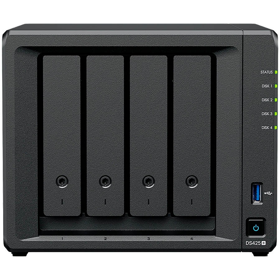 Synology DiskStation DS425+ Tower, 4-Bays 3.5'' SATA HDD/SSD, 2 x M.2 2280 NVMe SSD slot, CPU Intel Celeron J4125  4-core 2.0 GHz, 2 GB DDR4 non-ECC SODIMM, 1x RJ-45 2.5 GbE LAN, 1x RJ-45 1GbE LAN Port; 2x USB 3.2;  2.18 kg; 3yr warranty