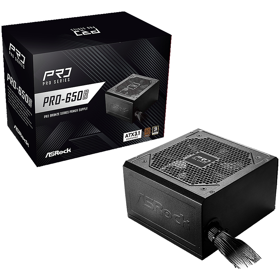 Asrock PRO-650B, 650W, 80 Plus BRONZE, Non Modular PSU, 1x EPS 12V CPU(4+4pin), 2x PCIe (6+2pin), 2x 4-pin connectors, 4x SATA, OCP, SCP, OVP, UVP, OTP, OPP protections, 120 mm Fan, ATX 3.1, 3Y warranty