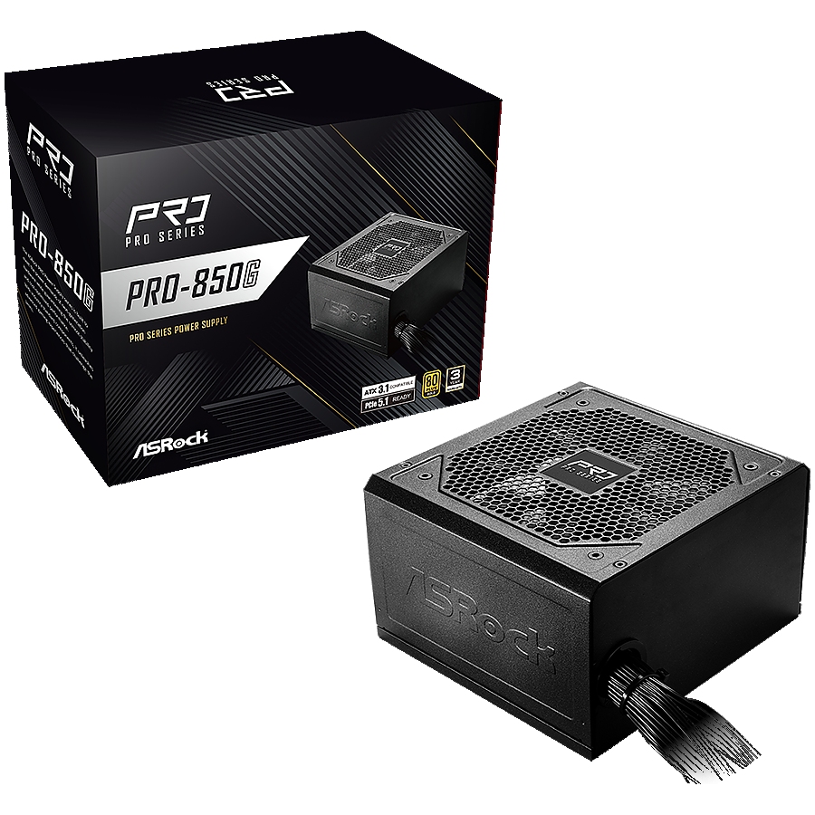 Asrock PRO-850G, 850W, 80 Plus GOLD, Non Modular PSU, 1x EPS 12V CPU(4+4pin), 2x PCIe (6+2pin), 2x 4-pin connectors, 4x SATA, OCP, SCP, OVP, UVP, OTP, OPP protections, 120 mm Fan, ATX 3.1, 3Y warranty