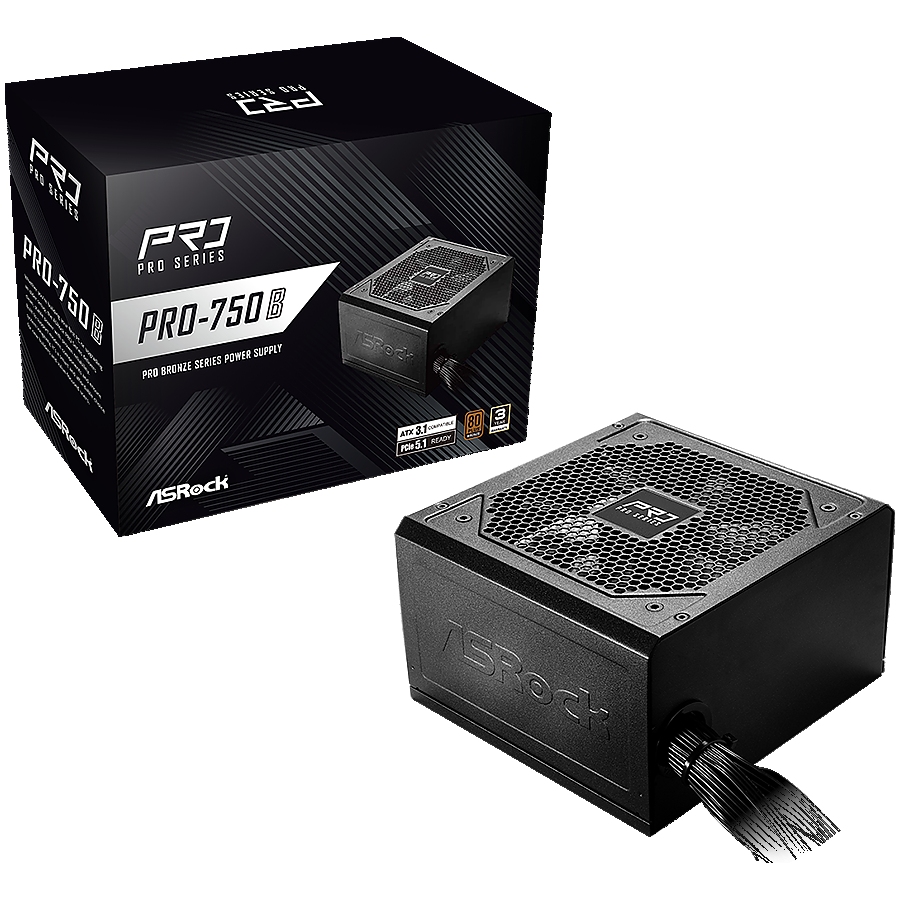 Asrock PRO-750B, 750W, 80 Plus BRONZE, Non Modular PSU, 1x EPS 12V CPU(4+4pin), 2x PCIe (6+2pin), 2x 4-pin connectors, 4x SATA, OCP, SCP, OVP, UVP, OTP, OPP protections, 120 mm Fan, ATX 3.1, 3Y warranty