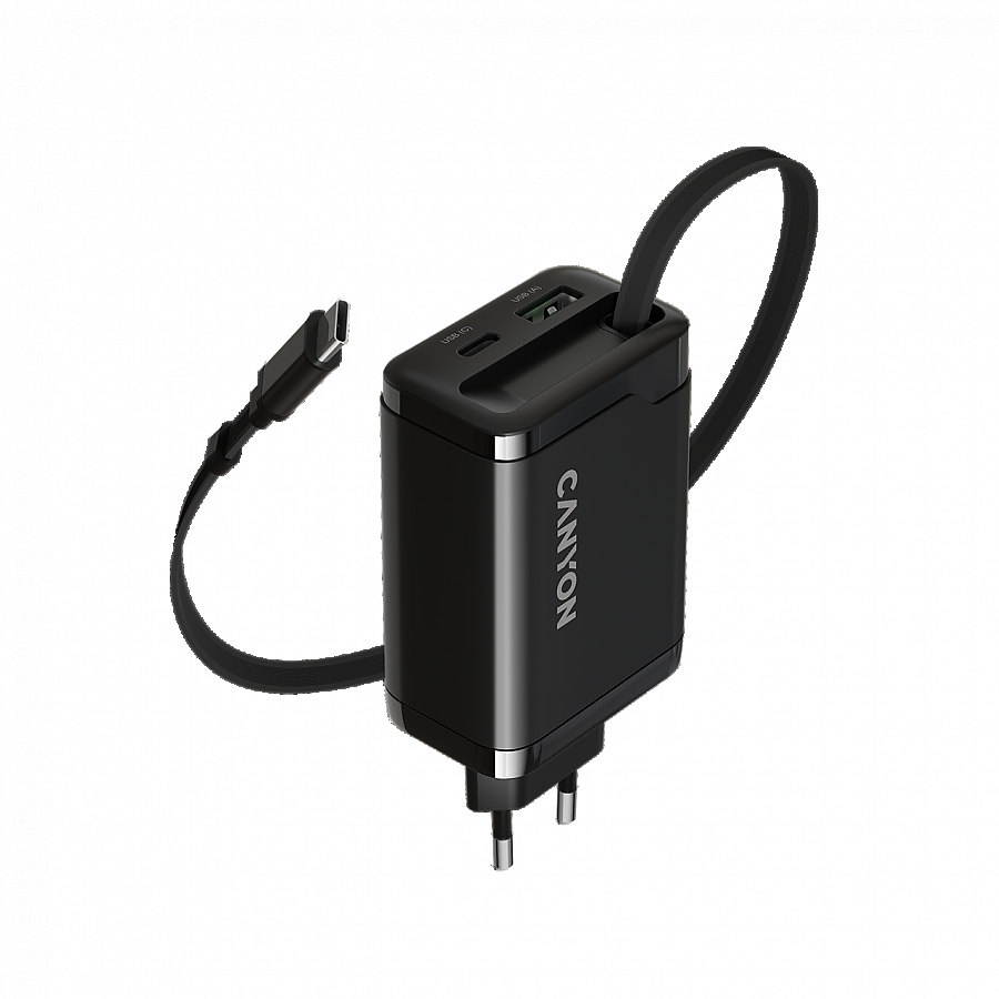 CANYON charger OnCharge 65RC Build-In Cable USB-C 65W 1xPD 1xQC EU Black