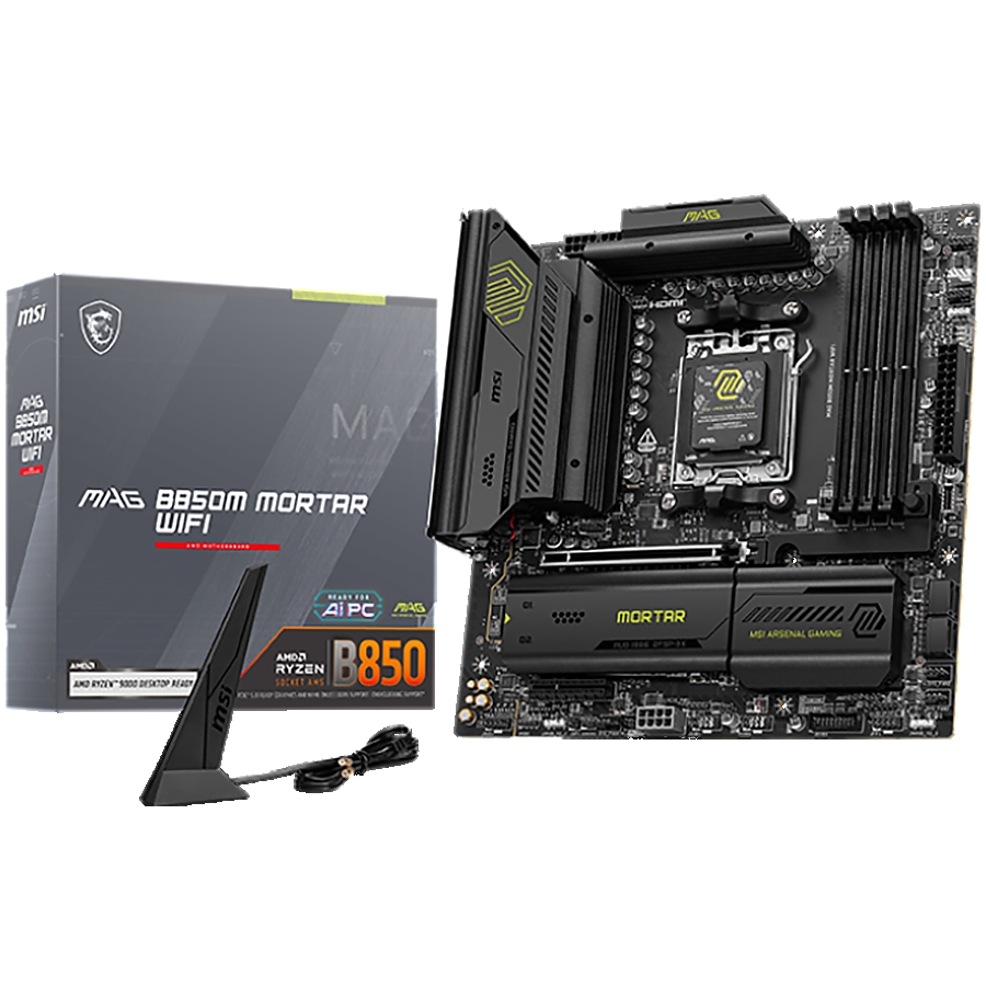 MSI B850M MORTAR WIFI, mATX, Socket AM5, 4x DDR5 Dual Channel DDR5 up to 8200(OC)MHz, 1x PCIe x16 slot, 3x M.2 slot, 4x USB 5Gbps, 1x USB 10Gbps Type-C, 1x USB 20Gbps Type-C, HDMI, DP, 7.1 HD Audio, 5G LAN, WiFI 7, BT, 3Y