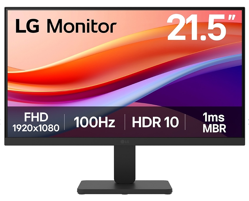 LG 22U401A-B, 21.5" VA, 5ms (GtG at Faster), 100Hz, 3000:1,  Dynamic Action Sync, 250 cd/m2, Full HD 1920x1080, HDR 10 / sRGB 99%, VRR, Flicker Safe, Reader Mode, D-Sub, HDMI, Tilt, Headphone out, Black