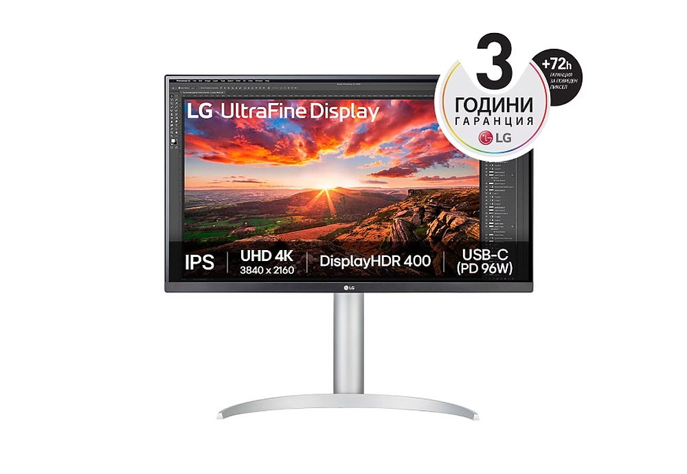 LG 27UP850K-W, 27" UltraFine UHD, IPS 4K , 5ms, 1200:1, 400cd/m2, 3840 x 2160, DCI-P3 95%, HDR 400, HDMI, USB-C, PD- 96 W, DisplayPort, Reader mode, Dynamic Action Sync, Tilt, Height (Range), Swivel, Speacers 2x5W, LG Switch, Black