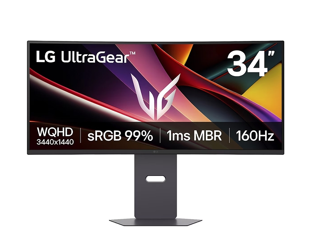 LG 34G600A-B, 34", UltraGear 21:9 Curved, VA, 1ms MBR, 5ms, WQHD (3440x1440), 160Hz, HDR 10, 4000:1, 300cd/m2, sRGB 99%, Free-sync, NVIDIA G-SYNC Compatible, VRR, HDMI, DP, Speakers 5Wx2, LG Switch, Height, Swivel, Tilt, Black