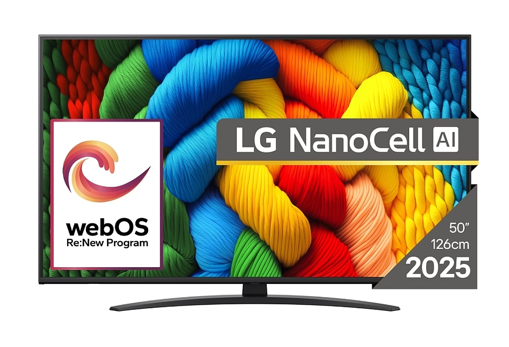 LG 50NANO81A3A, 50" 4K HDR Smart Nano Cell TV, 3840x2160, DVB-T2/C/S2, AI Alpha 7, HDR 10 PRO, webOS 25, ThinQ AI, VRR, ALLM, HGiG, WiFi, Clear Voice, AI Upscaling, Bluetooth, Hdmi e-ARC , CI, LAN, AirPlay2, Chromecast, 2 Pole stand, Black