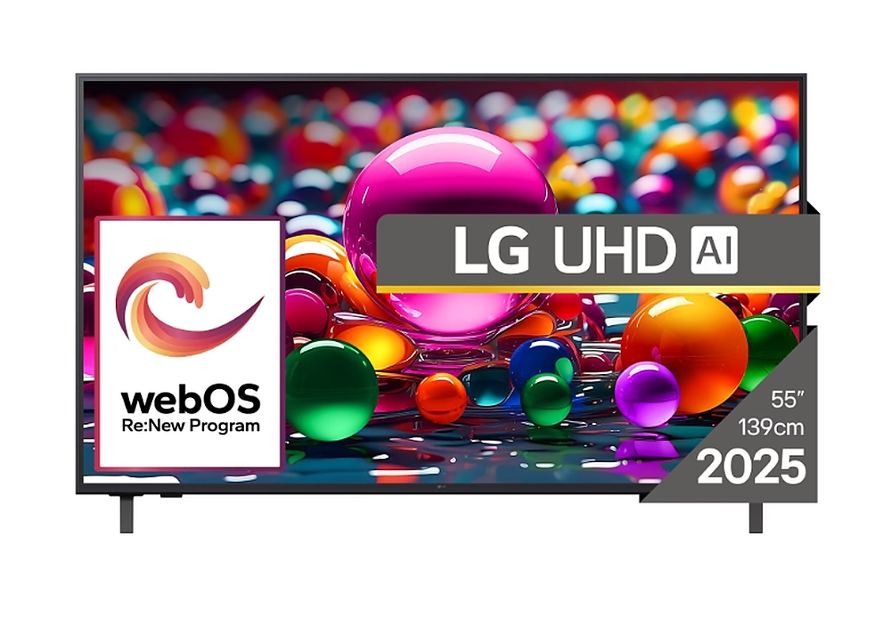 LG 55UA74003LB, 55" 4K UltraHD TV 4K (3840x2160), DVB-T2/C/S2, webOS 25 Smart, ThinQ AI, Alpha 7 AI Processor, WiFi, HDR10 pro, HLG, ALLM/HGiG, 4K Upscaling, AI Sound pro, Multiple View, HDMI eARC, LAN, USB, Bluetooth, Google Cast, 2 Pole Stand, Silver