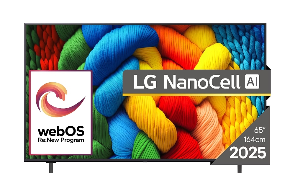 LG 65NANO80A3B, 65" 4K HDR Smart Nano Cell TV, 3840x2160, DVB-T2/C/S2, AI Alpha 7, HDR 10 PRO, webOS 25, ThinQ AI, VRR, ALLM, HGiG, WiFi, Clear Voice, AI Upscaling, Bluetooth, Hdmi e-ARC , CI, LAN, AirPlay2, Chromecast, 2 Pole stand, Black