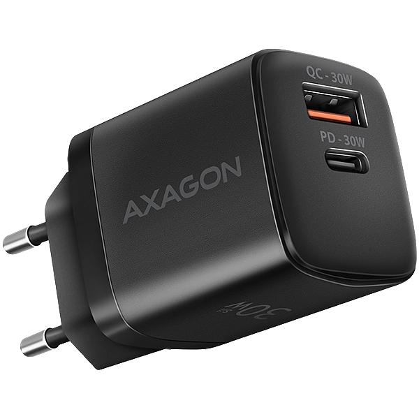Axagon Sil wallcharger 2x port (USB-A + USB-C), PD3.0/QC4+/PPS/AFC/Apple. 30W total power.