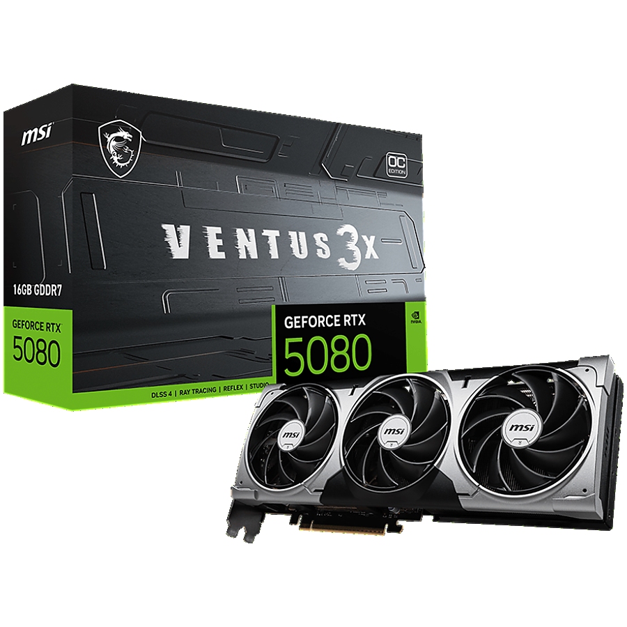 MSI Video Card Nvidia GeForce RTX 5080 16G VENTUS 3X OC, 16GB GDDR7, 256bit, Effective Memory Clock: 30000MHz, Boost: 2640 MHz, 10752 CUDA Cores, PCIe 5.0, 3x DP 2.1b, HDMI 2.1b, RAY TRACING, Triple Fan, 1x16pin, 850W Recommended PSU, 3Y