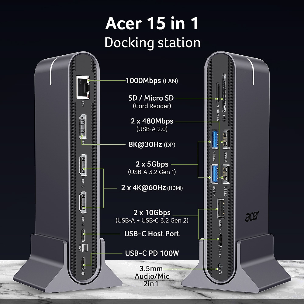 Acer Type C Universal docking station 15in1, 2 x HDMI 4K@60Hz, 1 x DP 8k@30Hz, 5 x USB A, 1 x USB C, 1 x RJ45, 1x SD /Micro SD, 1 x TF, 1 x Audio  3.5mm jack, Windows, ChromeOS, macOS, Gray