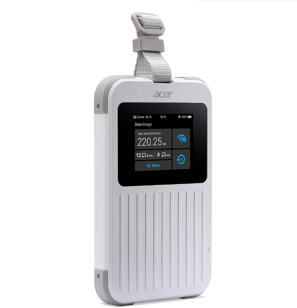 Acer Wi-Fi 5G Mobile Hotspot with Nano SIM (4FF), eSIM with up to 10 profiles, up to 20 connected devices using 6GHz, battery  8000mAh up to 28 hours high definition video streaming, 2.4'' Touchscreen with NFC, IP68 and MIL-STD-810