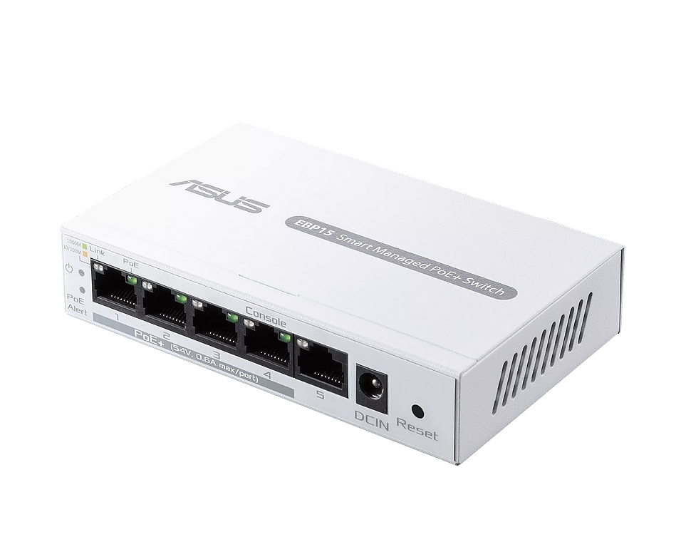 Asus Business 5Port Smart Managed Switch PoE+,ExpertWiFi EBP15, 4 ports PoE+, 60W, VLAN, QoS, Port Mirroring, wall mounting,White