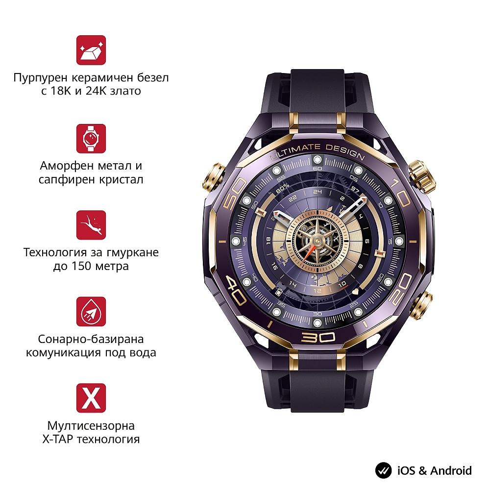 Huawei  Watch Ultimate Design Royal Gold, Long-B69, Purple ceramic bezel with 18K gold
