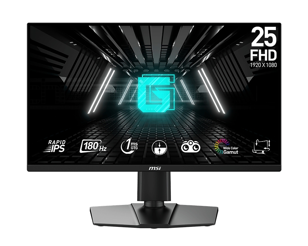 MSI G255PF E2, 24.5", 1ms, 180Hz, RAPID IPS, 1920x1080 (FHD), 16:9, FLAT, AMD FreeSync, 78% DCI-P3, AG, 300 nits, 1000:1, DCR 100M:1, DP(1.2a), 2xHDMI 2.0b, 2x2W Speaker, Pivot, Heigh Adj., VESA, Black, 5.3kg
