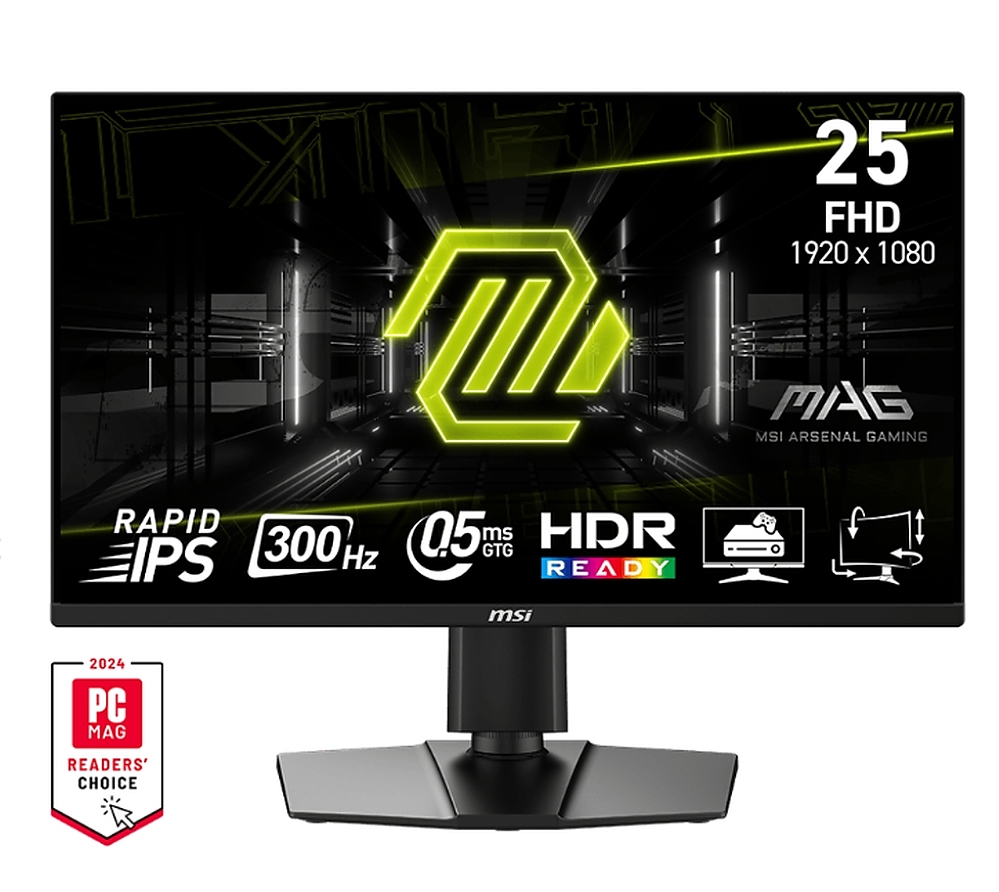 MSI MAG 255PXF, 24.5", 0.5ms, 300Hz, Rapid IPS, 1920x1080 (FHD), 16:9, AMD FreeSync Premium, 90% DCI-P3, AG, HDR Ready, 250 nits, 1000:1, DCR 100M:1, 2x2W, DP(1.2a), 2xHDMI 2.0b, Pivot, Heigh Adj., VESA, Black, 5.3kg
