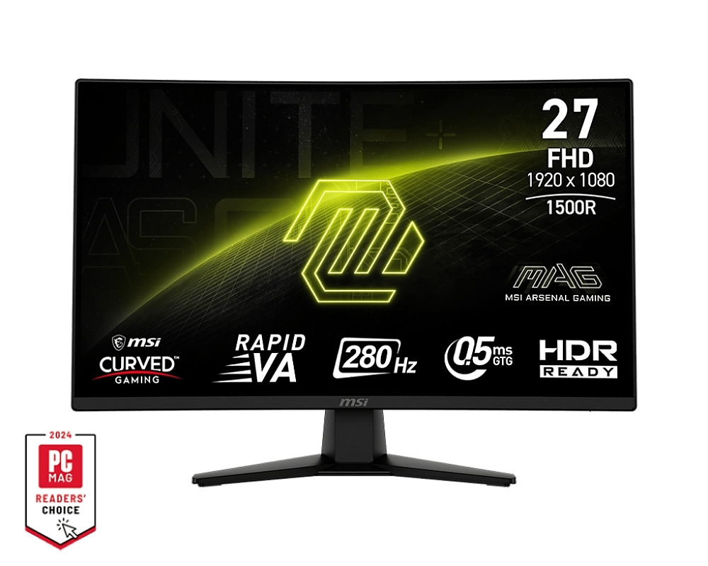 MSI MAG 274CXF, 27", 0.5ms, 280Hz, Rapid VA, 1920x1080 (FHD), 16:9, CURVE 1500R, FreeSync Premium, 92.2% DCI-P3, AG, HDR Ready, 300 nits, 4000:1, DCR 100M:1, DP(1.2a), 2xHDMI 2.0b, Tilt, VESA, Black, 3.4kg