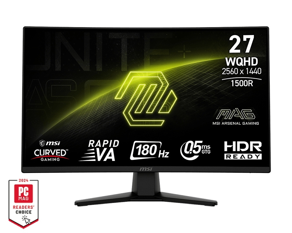 MSI  MAG 274CQF, 27", 0.5ms, 180Hz, Rapid VA,  2560x1440 (WQHD), 16:9, CURVE 1500R, Adaptive-Sync, 93% DCI-P3, AG, 300 nits, 5000:1, DCR 100M:1, DP(1.4), 2xHDMI 2.0b, Tilt, VESA, Black, 3.4kg