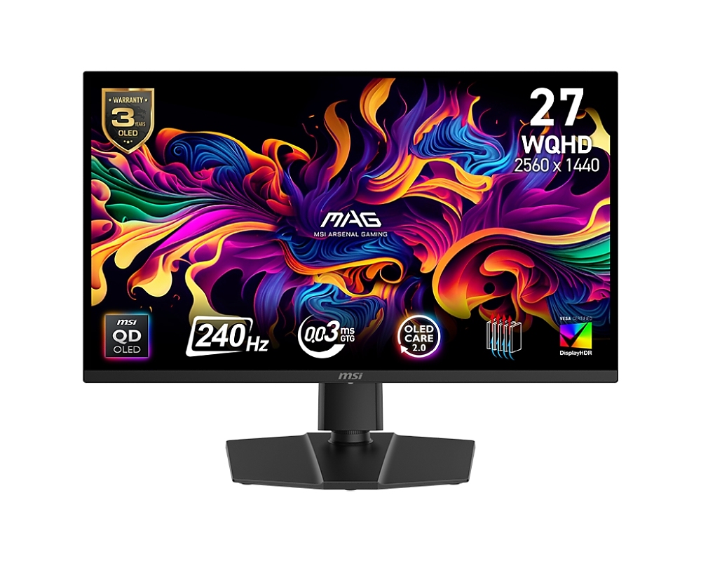 MSI MAG 271QP QD-OLED X24, 26.5", 240Hz, 0.03ms, 2560x1440 (WQHD), Oled Care 2.0, 16:9, Flat, Adaptive-Sync, HDR True Black 400, 99% DCI-P3, AR, FW Update, 450 nits, DCR 150M:1, DP(1.4a) HBR3, 2xHDMI 2.1, Pivot, Heigh Adj., VESA, Black, 8kg