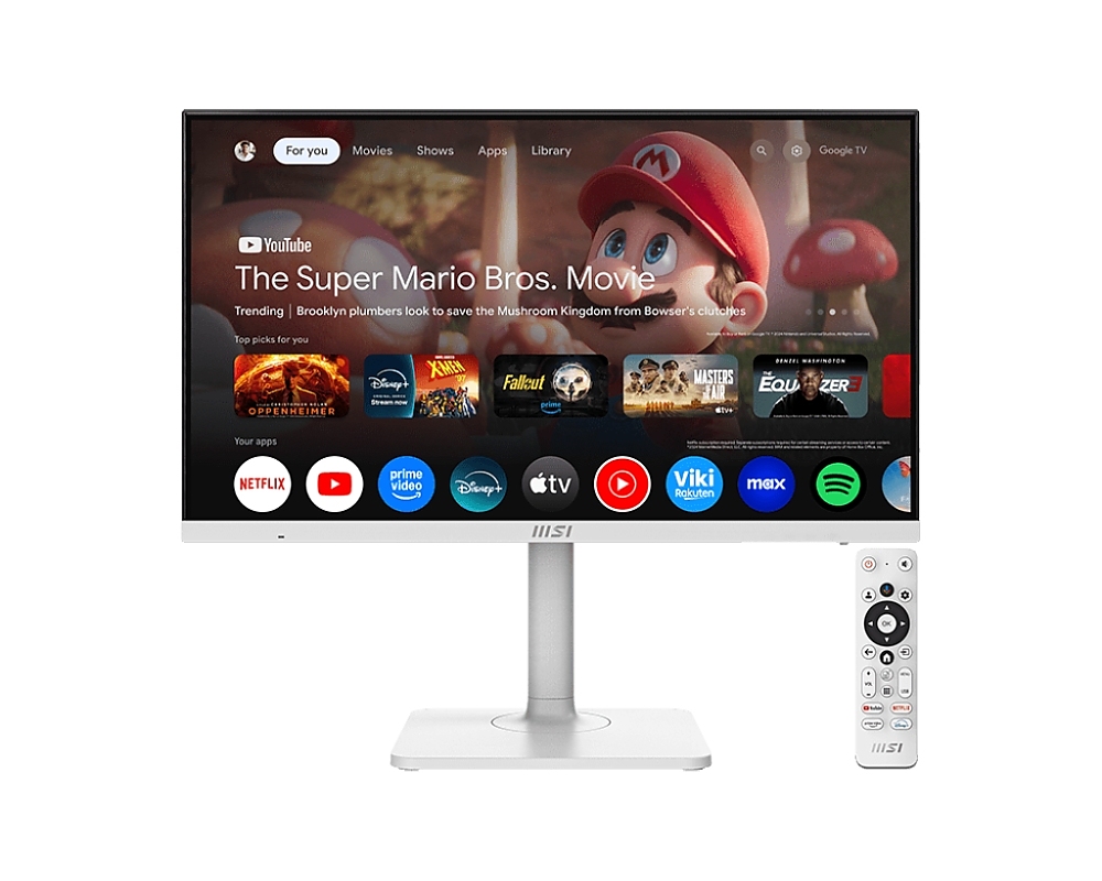 MSI Modern MD272UPSW, 27", 4ms, IPS, 3840x2160 (UHD), 16:9, Flat, Smart Google TV, Remote Control, HDR Ready, 300 nits, 1000:1, DP(1.4a), HDMI2.0b, TypeC DP alt. w/PD (65W), 2xUSB (2.0), LAN, WiFi 5, BT 5, Dolby Audio 2x3W, Pivot, Heigh Adj., White, 6.3k