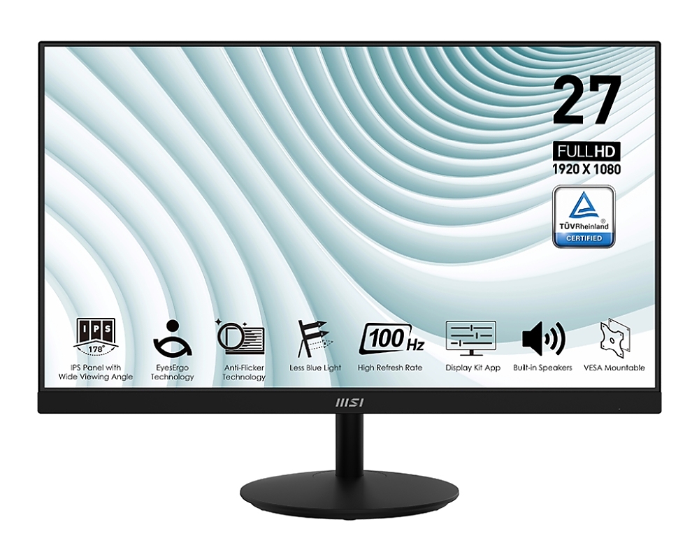 MSI PRO MP271A, 27", 1ms, 100Hz, IPS, 1920x1080 (FHD), 16:9, FLAT, Display Kit App, Adaptive-Sync, EyesErgo, Less Blue Light, 108% SRGB, AG, 300 nits, 1000:1, DP(1.2a), HDMI 1.4b, VGA, Line-in, Speakers 2x2W, Tilt, VESA, Black, 3.9kg