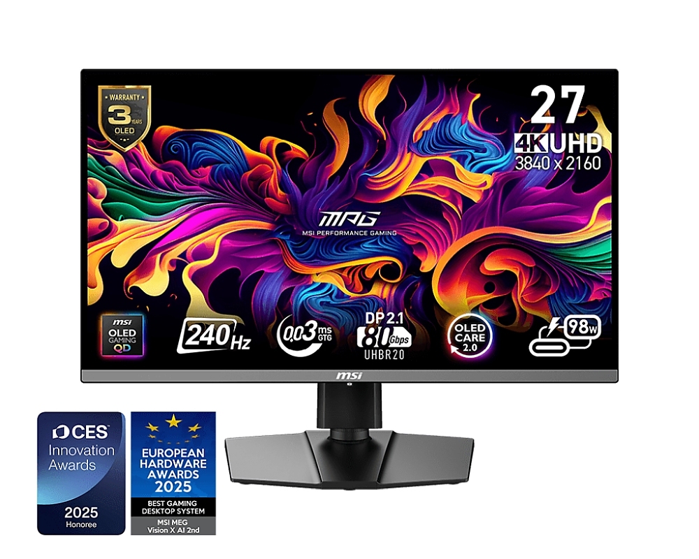MSI MPG 272URX QD-OLED, 26.5", 0.03ms, 240Hz, 3840x2160 (UHD), 16:9, FLAT, Oled care 2.0, G-Sync Compatible, ClearMR 13000, HDR, 1.5M:1, 100M:1, DP(2.1a), 2xHDMI 2.1, 1xTypeC DP alt. w/PD (98W), USB HUB, Pivot, Heigh Adj., Black, 8kg