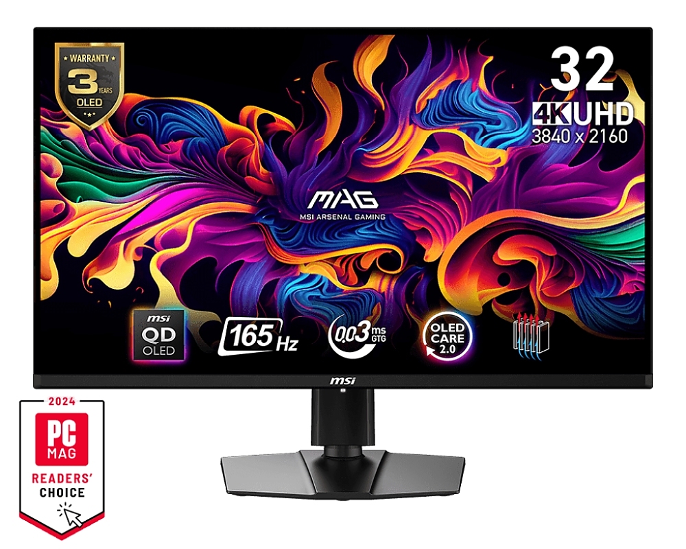 MSI MAG 321UP QD-OLED, 32", 0.03ms,165Hz, 3840x2160 (UHD), 16:9, Flat, Oled Care 2.0, FreeSync Premium Pro, Clear MR 9000, AR, 250 nits, DCR 150M:1, DP(1.4a), 2xHDMI 2.1, 1xTypeC DP alt. w/PD (15W), Pivot, Heigh Adj., Black, 9.1kg