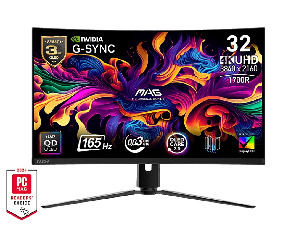 MSI MAG 321CUP QD-OLED, 31.5", 0.03ms, 165Hz, 3840x2160 (UHD), Curve 1700R, G-Sync Compatible, Oled Care 2.0, DisplayHDR 400 True Black, ClearMR 9000, FW UPDATE, Delta E?2, 1.5M:1, HDMI 2.1, DP 1.4a, TypeC DP w/PD(15W), Heigh Adj., Black, 8kg