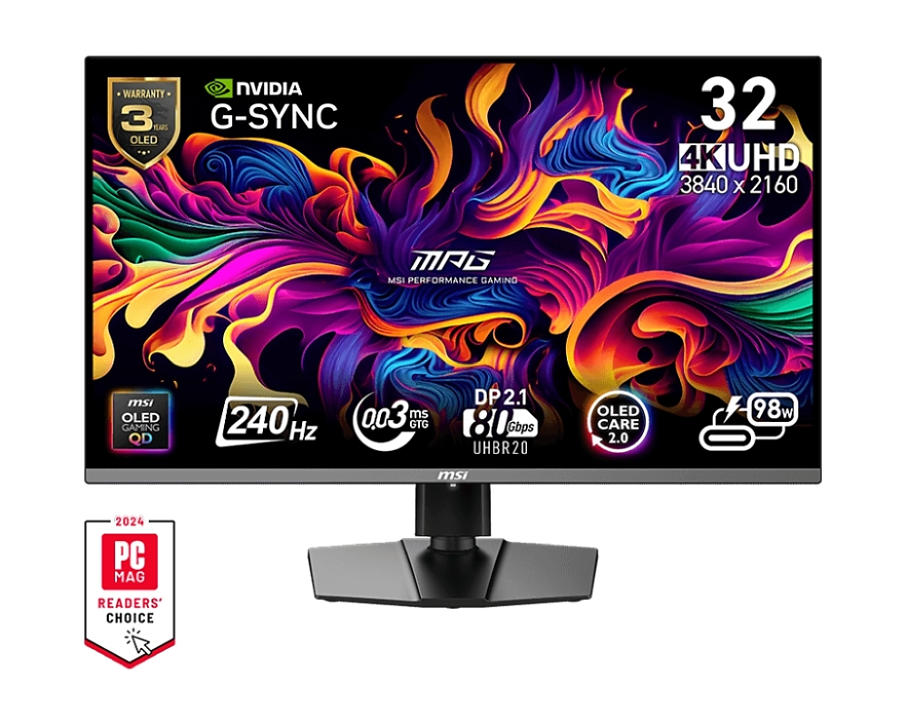 MSI MPG 322URX QD-OLED, 31.5", 0.03ms, 240Hz, Flat, 3840x2160 UHD, 16:9, G-Sync Compatible, HDR True Black 400, 450 nits, 99% DCI-P3, AG, 1.5M:1, 100M:1, DP(2.1a), 2xHDMI 2.1, 1xTypeC DP alt. w/PD (98W), USB HUB, Pivot, Heigh Adj., VESA, Black, 9.6kg