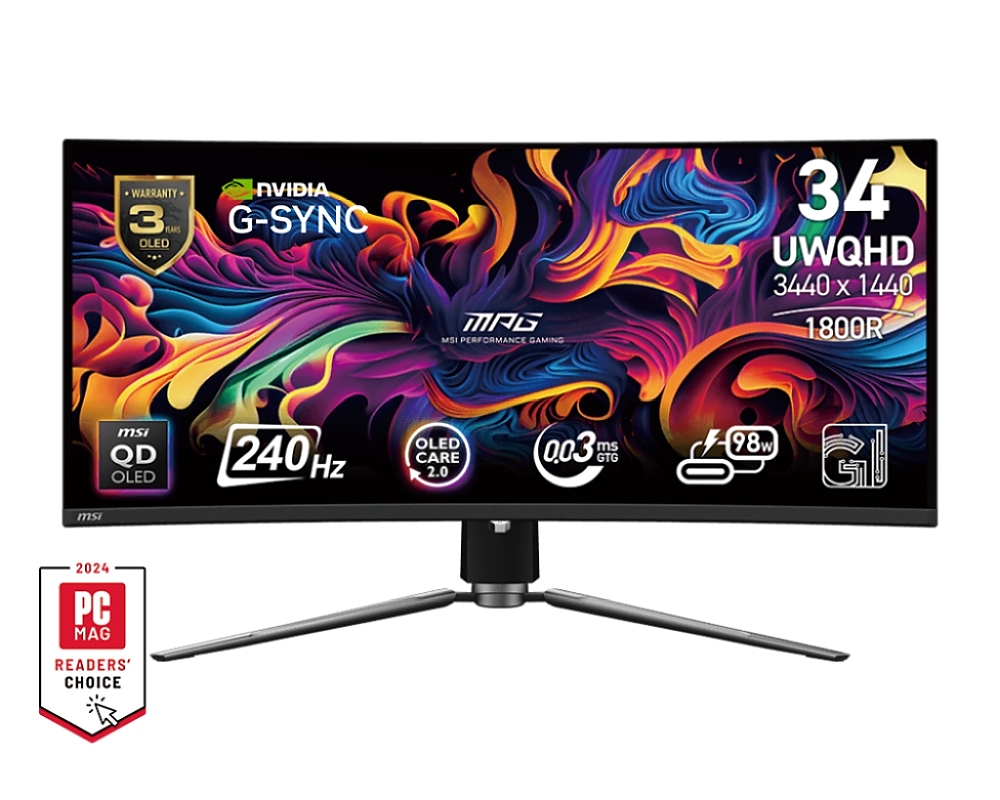 MSI MPG 341CQPX QD-OLED, 34.18", 0.03ms, 240Hz, 3440x1440(UWQHD), 21:9, CURVE 1800R, AR, FreeSync Premium Pro, CLEARMR 13000, HDR True Black 400, 1000 nits, 3000:1, DCR 150M:1, DP(1.4a), 2xHDMI 2.1, TypeC DP w/PD(98W), USB hub, Heigh Adj., Black, 8.8kg