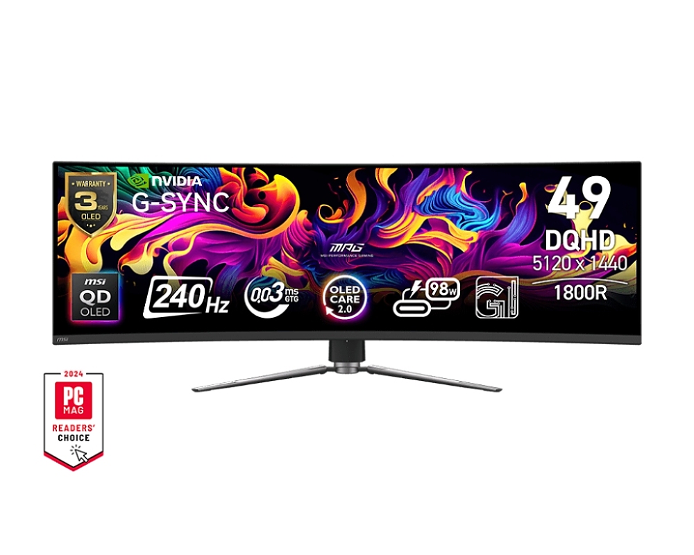 MSI MPG 491CQPX QD-OLED, 0.03ms, 240Hz, OLED, 5120 x 1440 (DQHD), 32:9, CURVE 1800R, G-Sync Compatible, HDR True Black 400, 450 nits, 99% DCI-P3, AR, DP(1.4a), 2xHDMI 2.1, 1xTypeC DP alt. w/PD (98W), USB Hub, Heigh Adj., VESA, Black, 10.6kg