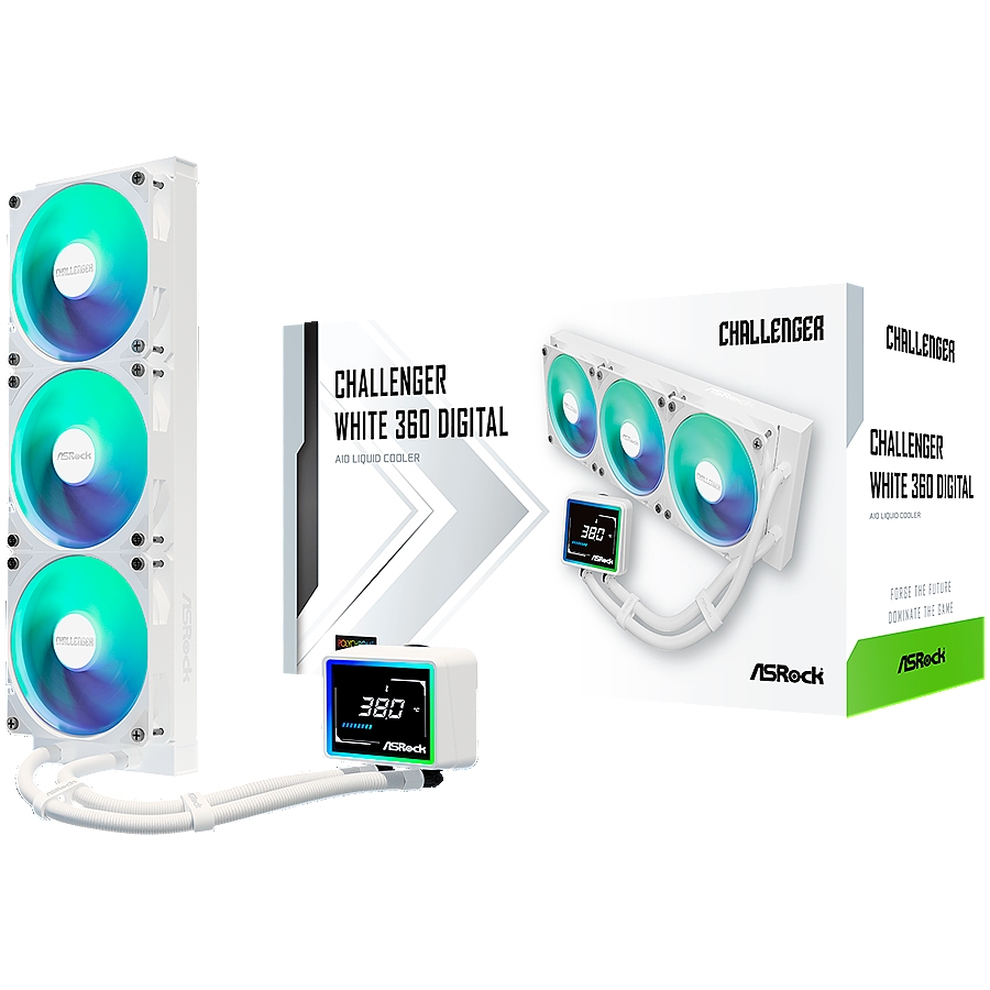 Asrock Challenger White 360 Digital, AiO liquid cooler, ARGB, Digital display, 360 mm radiator, AM5, AM4, LGA1851, LGA1700, 90-ACLA36-WAAGA6, White, 6Y