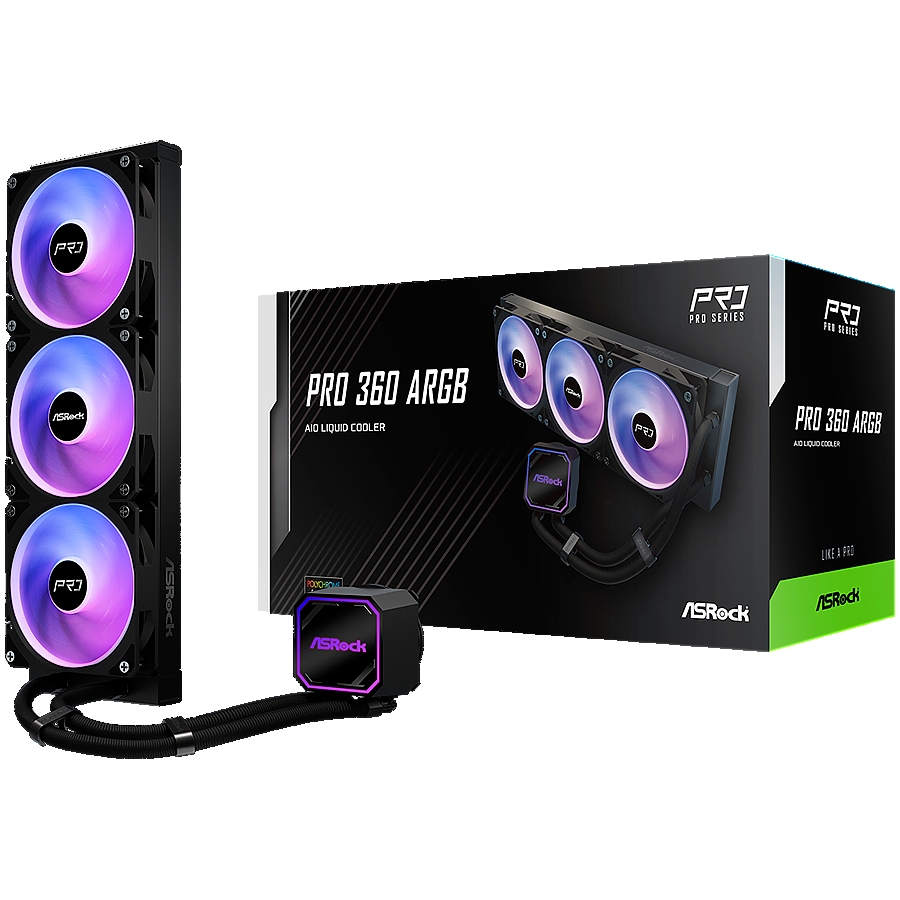 Asrock Pro 360 ARGB, AiO liquid cooler, 360 mm radiator, AM5, AM4, LGA1851, LGA1700, 90-APRA36-BAAGA6, Black, 6Y