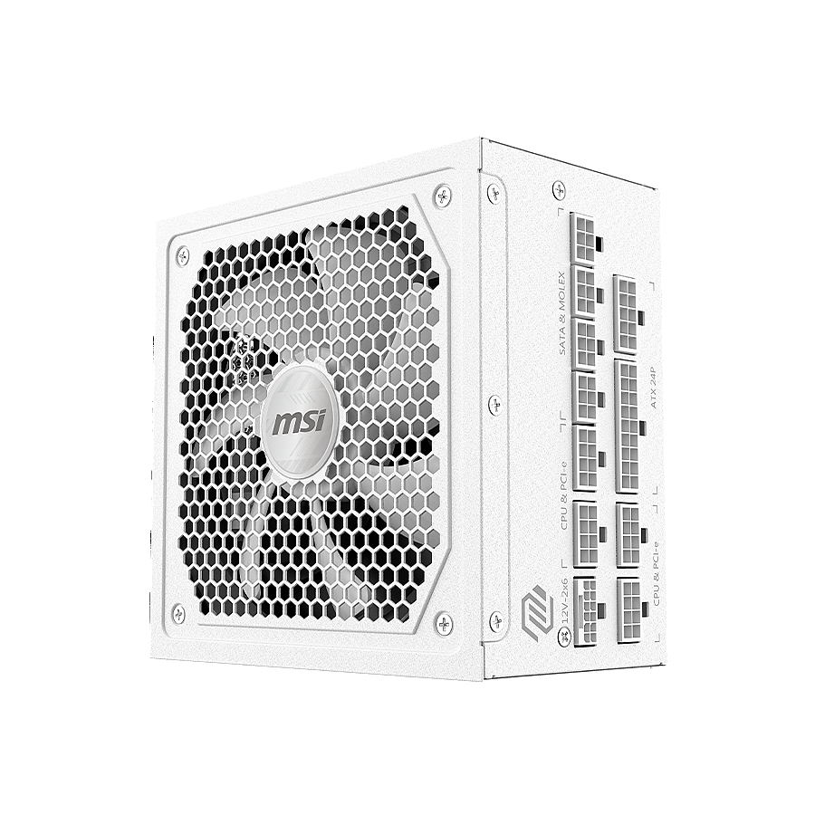 MSI MAG A1000GL PCIE5 WHITE, 1000W, 80 PLUS Gold, 135mm FDB Fan, Protections: OCP/OVP/OPP/OTP/SCP/UVP, Active PFC Design, Flat Cables, Dimensions: 150mmx150mmx86mm, White, 7Y Warranty